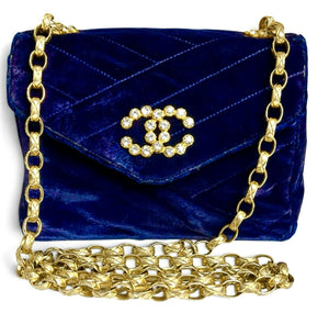 Chanel 1991-1994 Navy Blue Velvet Crystal 24K Bijoux Mini Square Chevron Classic Flap Bag