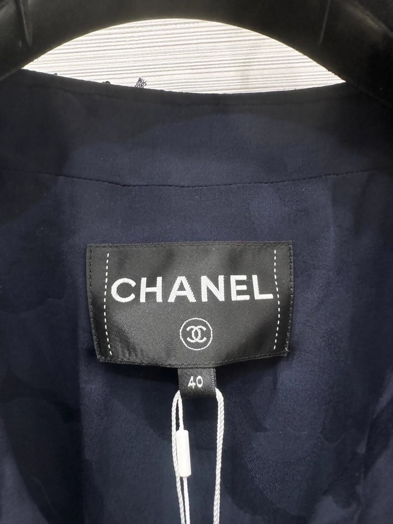 Chanel 25P navy blue sequined tweed  vest & Skirt