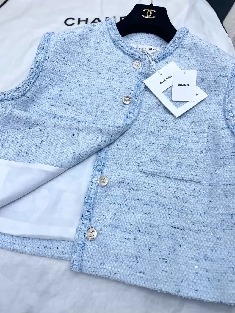Chanel 26P light blue sequined tweed vest