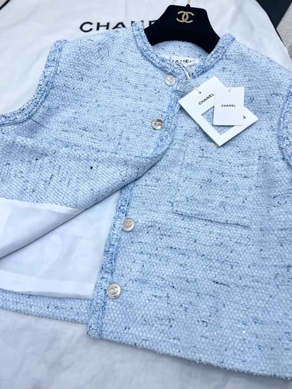 Chanel 26P light blue sequined tweed vest