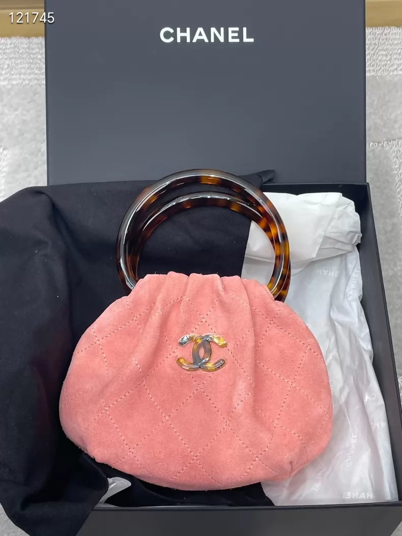 Chanel 26C tortoiseshell handle pink suede handbag