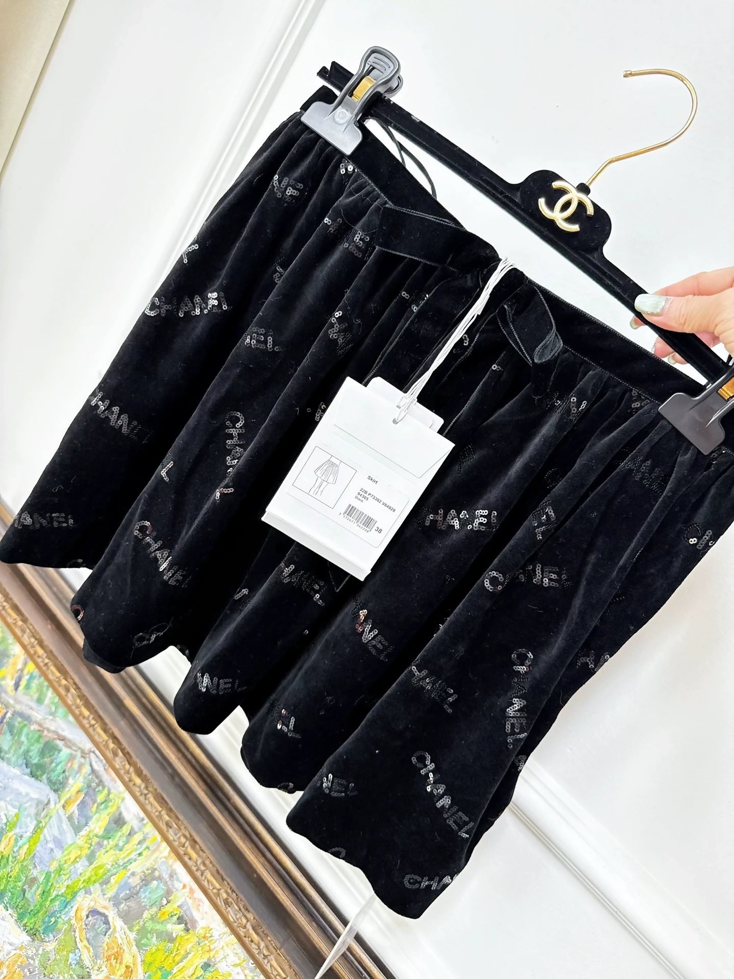 Chanel 22b black velvet sequinned mini skirt