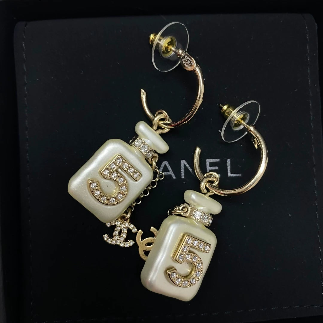 Chanel 22s Pearl White No. 5 perfume bottle pendant earrings