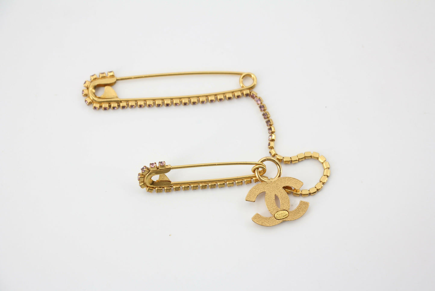 Chanel Vintage 02P Rhinestone Pink Gold-Plated Double Safety Pins Brooch