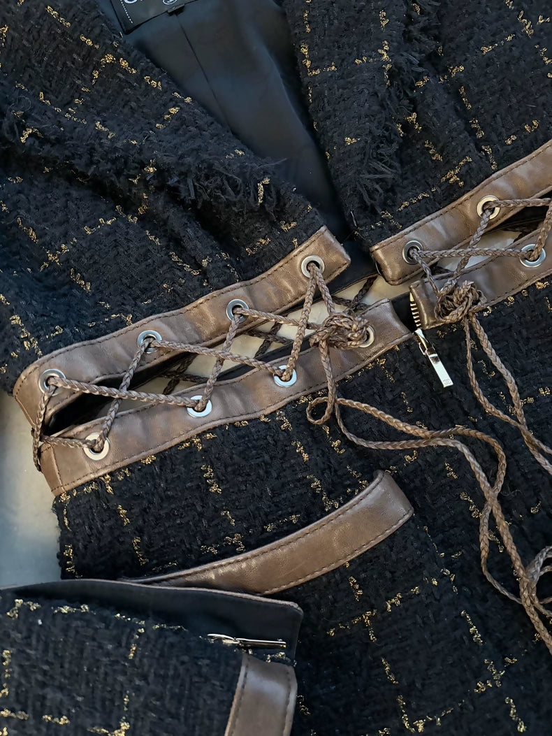 Chanel 16k black and gold tweed & leather jacket