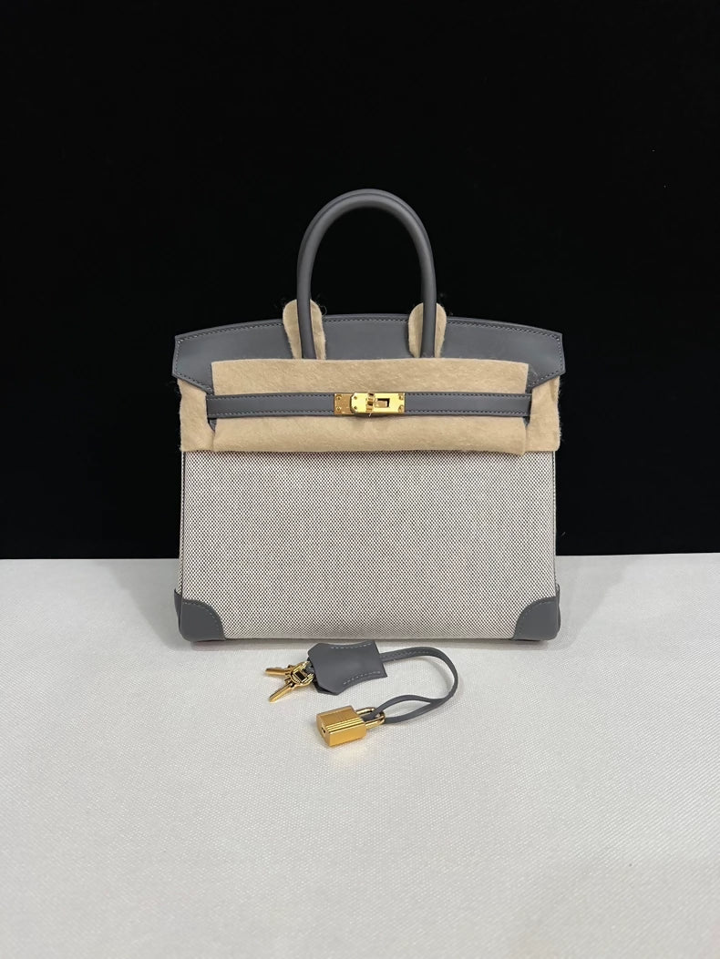 Hermes Birkin 25 Canvas & Grey Swift leather with Gold Hardware