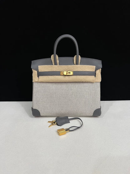 Hermes Birkin 25 Canvas & Grey Swift leather with Gold Hardware