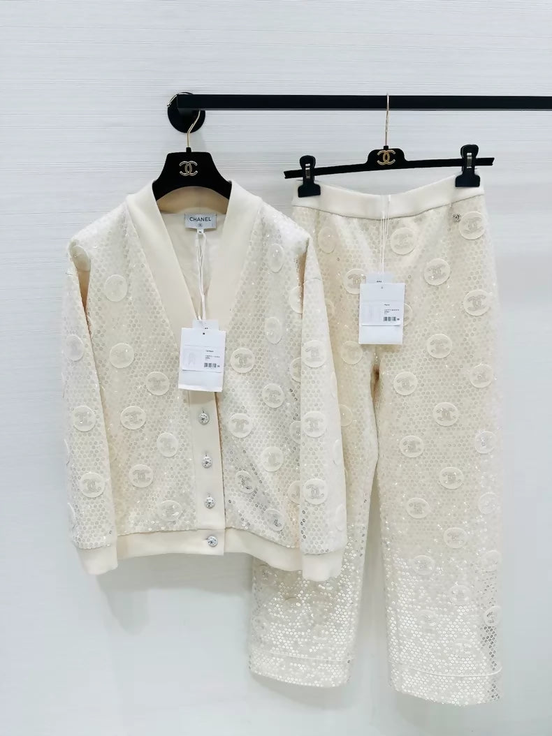 Chanel 23S ecru sequined double C logo pants