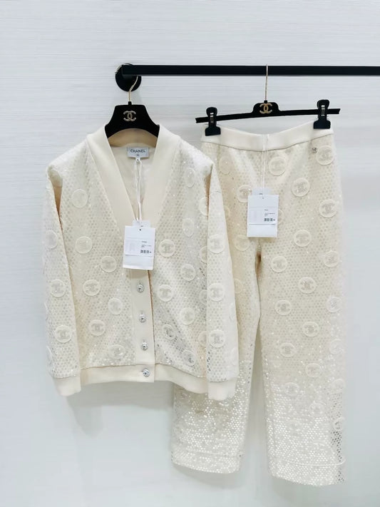 Chanel 23S ecru sequined double C logo pants