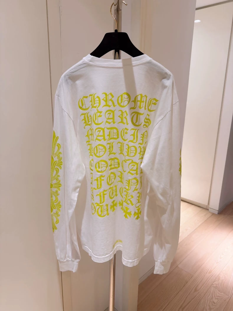 Chrome Heart White Fluorescent Green Gothic Letter Print Long-Sleeve T-Shirt