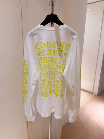 Chrome Heart White Fluorescent Green Gothic Letter Print Long-Sleeve T-Shirt