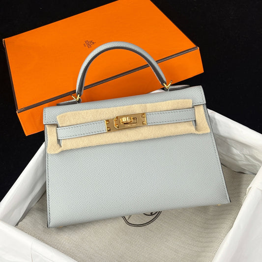 Hermès Mini Kelly 20 Bleu Brume Epsom with Gold Hardware
