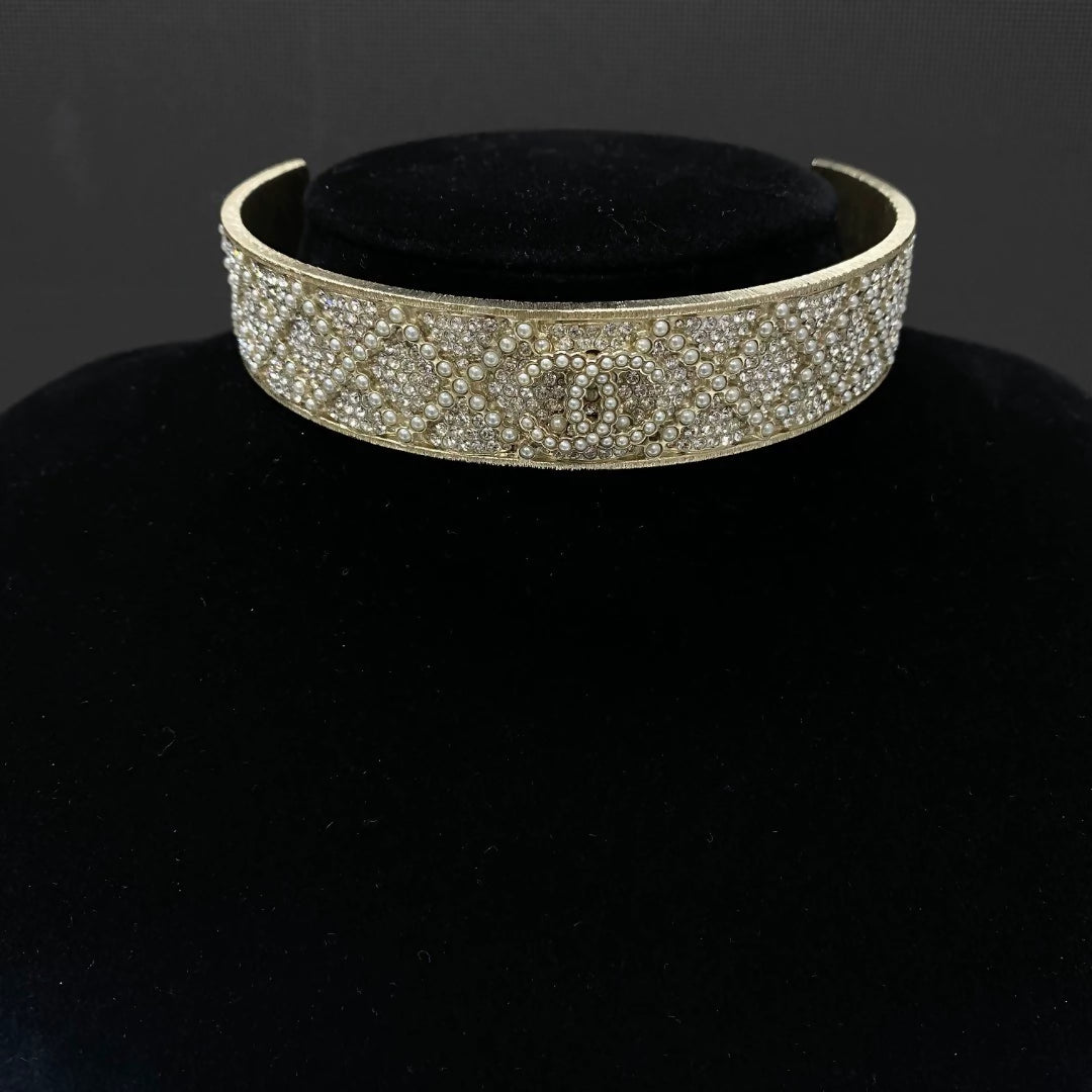 Chanel 21K heavy pearl rhinestone wide choker necklace