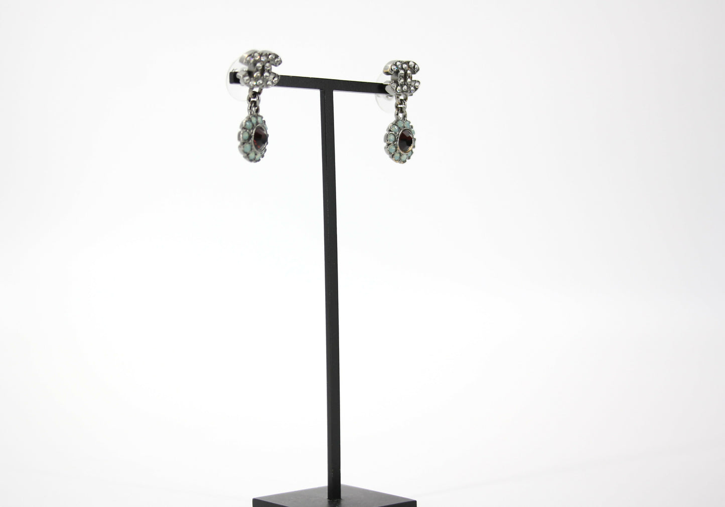Chanel Vintage 05A Rhinestone Lake Green and Red Round Pendant Stud Earrings