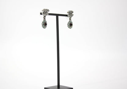 Chanel Vintage 05A Rhinestone Lake Green and Red Round Pendant Stud Earrings