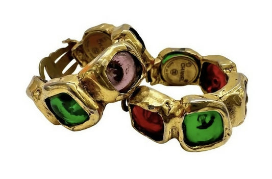 Vintage Chanel 24K Gold Plated Clip On Multicolor Gripoix Earrings