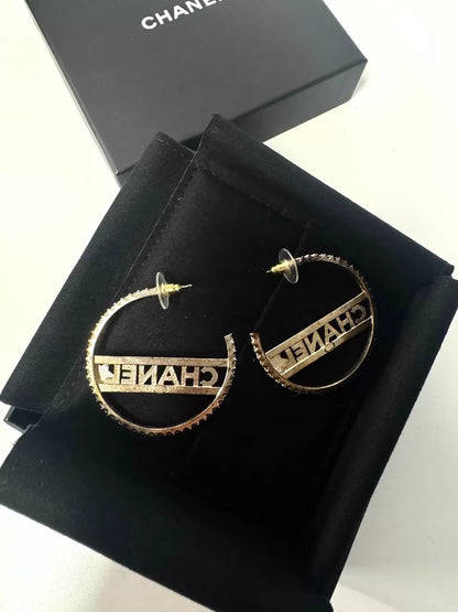 Chanel 22S Light Gold Letter Large Rhinestone Hoop Earrings