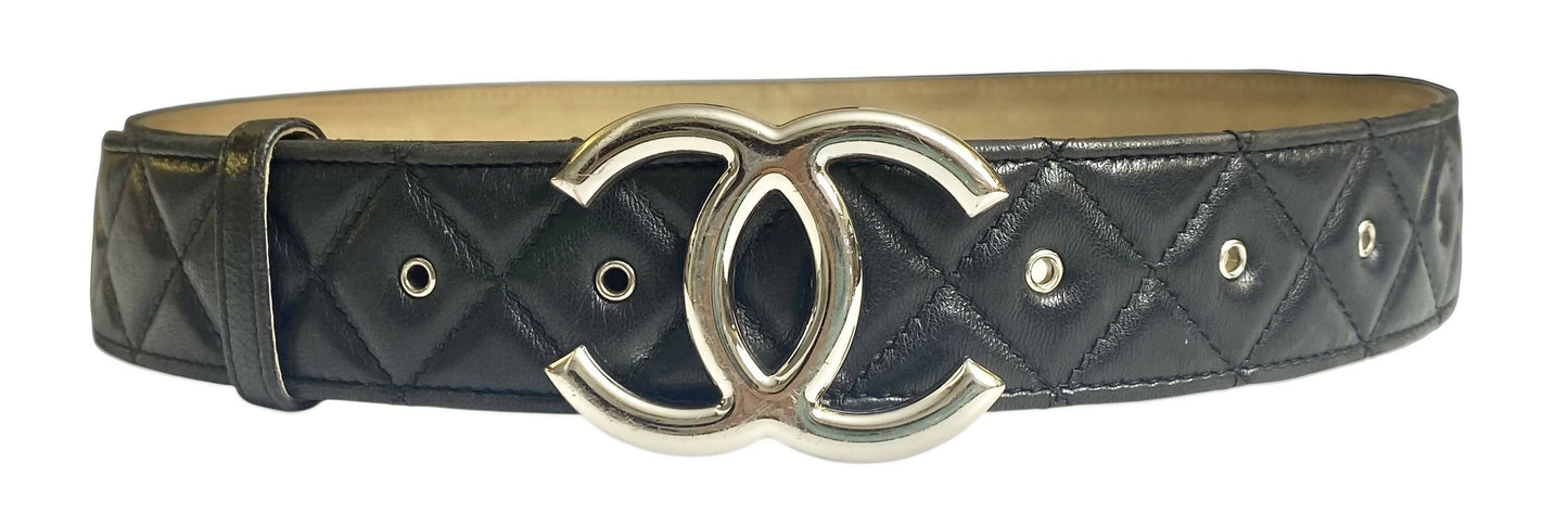 Chanel 14A Black Quilted Lambskin Silver CC Logo Belt 80/32