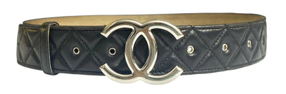 Chanel 14A Black Quilted Lambskin Silver CC Logo Belt 80/32