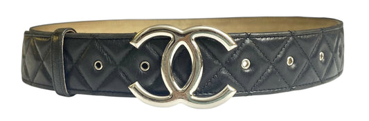 Chanel 14A Black Quilted Lambskin Silver CC Logo Belt 80/32