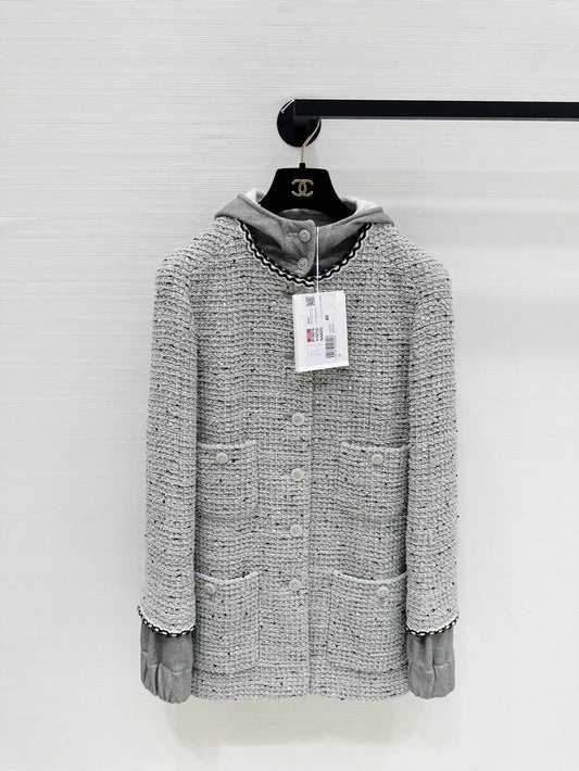 Chanel 25C grey tweed hooded jacket