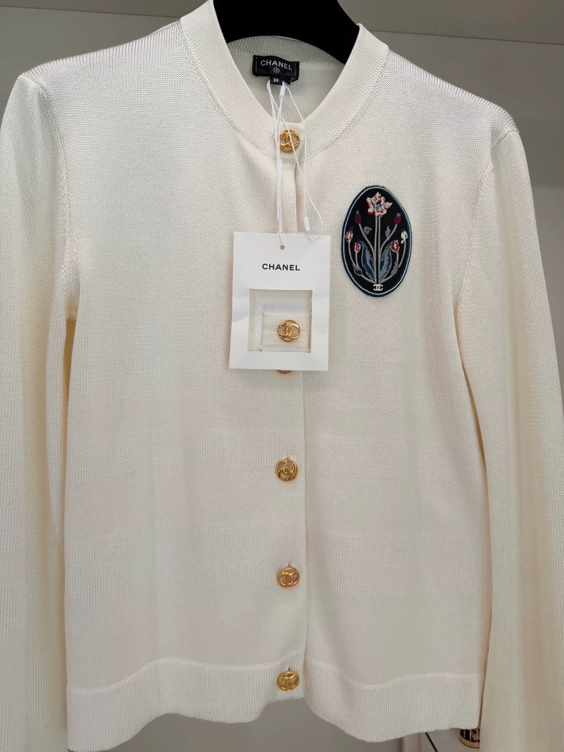 Chanel 26B white cardigan with floral embroidery