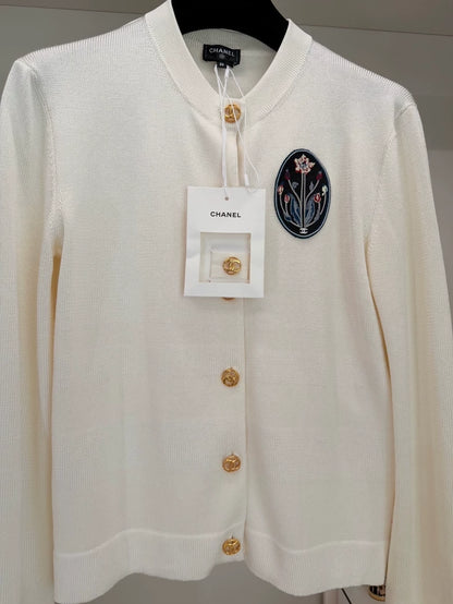 Chanel 26B white cardigan with floral embroidery