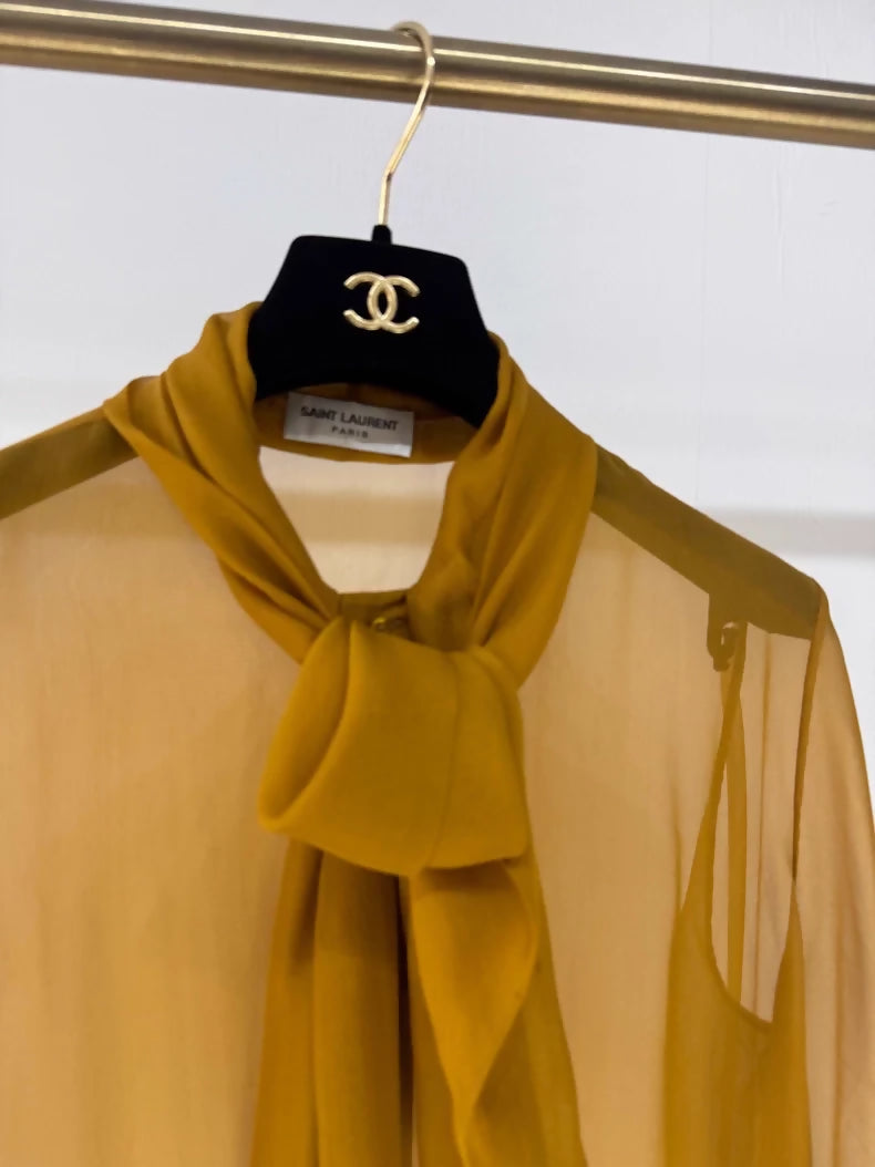 Saint Laurent sheer mustard yellow silk vest shirt