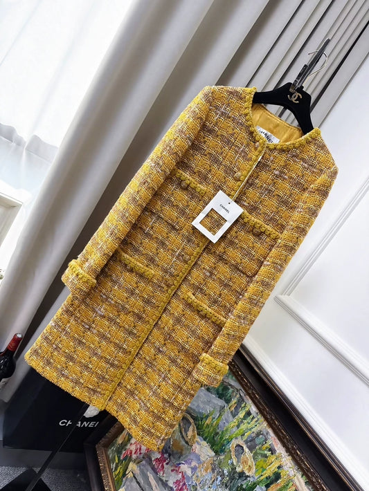 Chanel 24A Gold Mid-Length Tweed Woven Coat