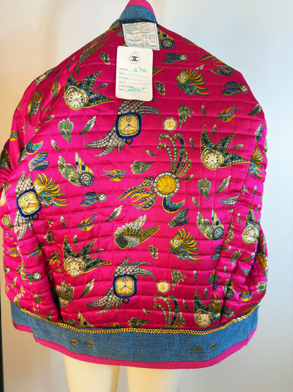 Chanel Vintage 1991 Runway Denim Jacket with Pink Trim and Gold CC Buttons