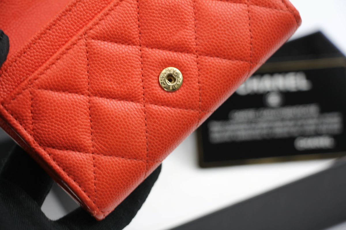 Chanel 2016 Authentic Caviar Quilted Orange Red Flap Card Holder Leather Wallet