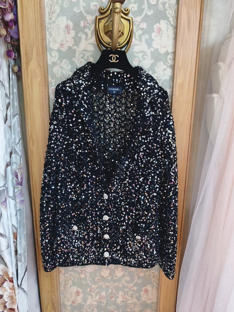 Chanel 23C Black Sequined Knit Cardigan