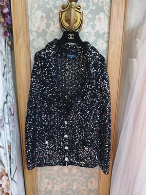 Chanel 23C Black Sequined Knit Cardigan