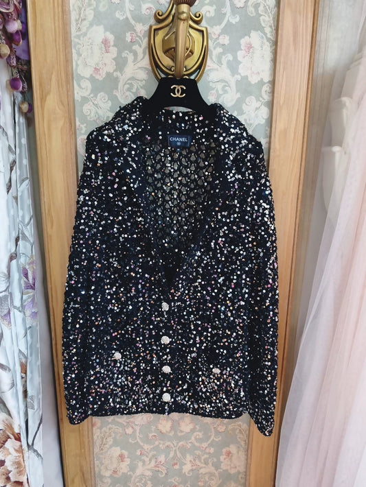 Chanel 23C Black Sequined Knit Cardigan