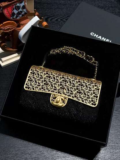 Chanel 22K black and gold metallic tweed CF chain evening bag
