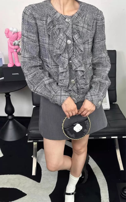 Chanel 19P grey ruffle tweed jacket