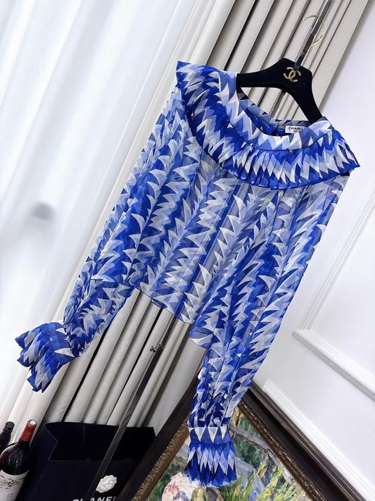 Chanel 19C Blue and White silk Top with Ruffled Collar
