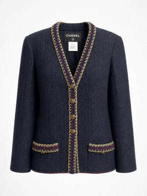 CHANEL 10A BLACK TWEED BRAIDED TRIM JACKET