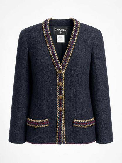 CHANEL 10A BLACK TWEED BRAIDED TRIM JACKET