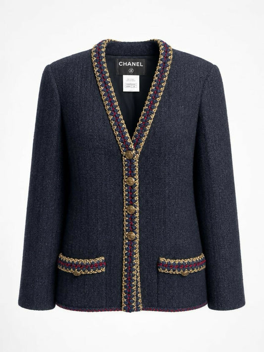 CHANEL 10A BLACK TWEED BRAIDED TRIM JACKET