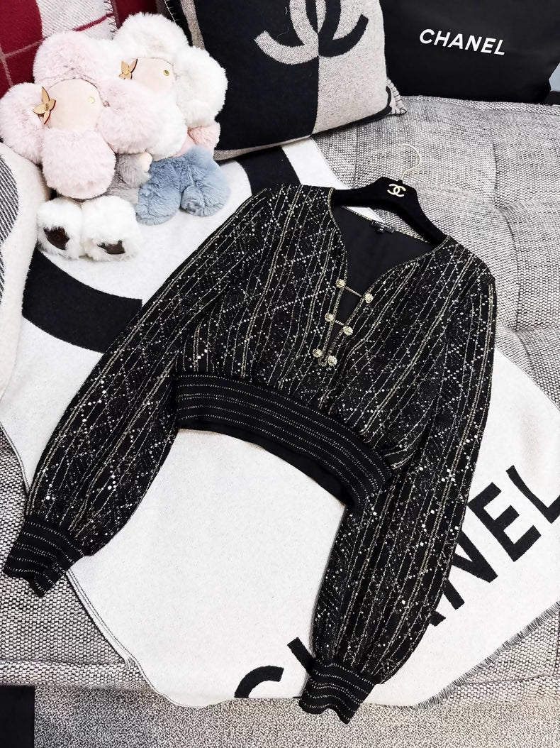 Chanel 20A gold quilted black knit top