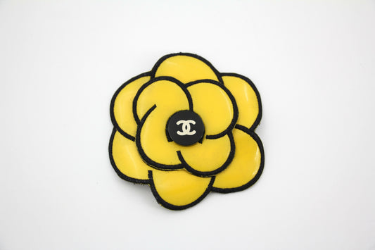 Chanel Vintage 95 Yellow Embroidered Camellia Brooch