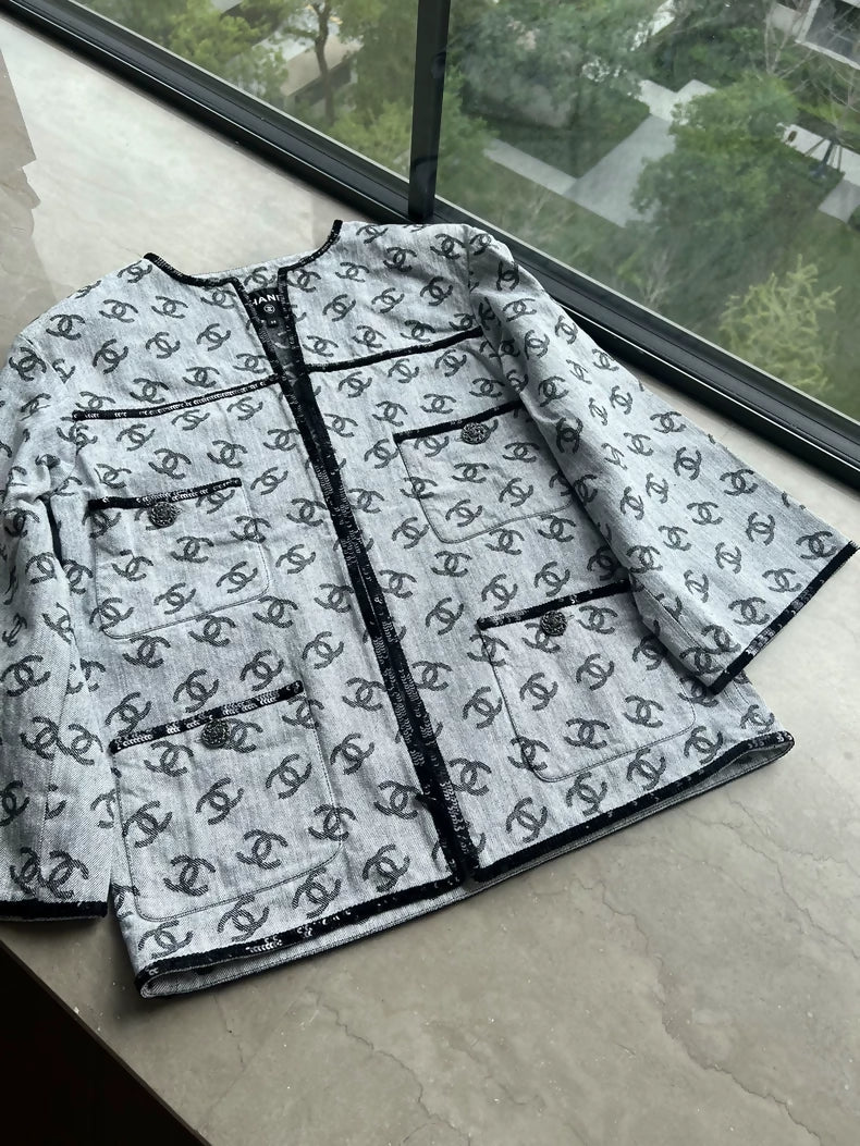 Chanel 22s grey denim cc logo jacket