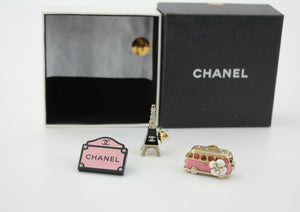 Chanel 06C Metal Pink Bus Eiffel Tower and Pink Bag Trio Brooch Set