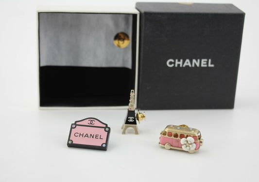 Chanel 06C Metal Pink Bus Eiffel Tower and Pink Bag Trio Brooch Set