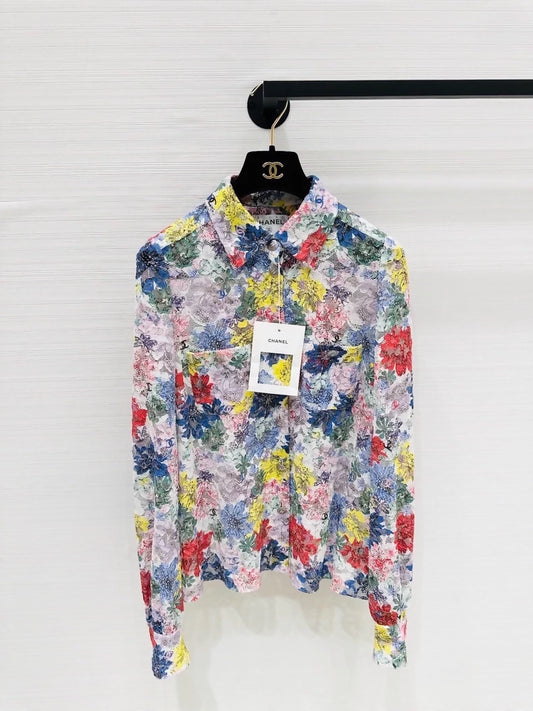 Chanel 24S Colorful Floral Lace All-over Logo Long-Sleeve Shirt