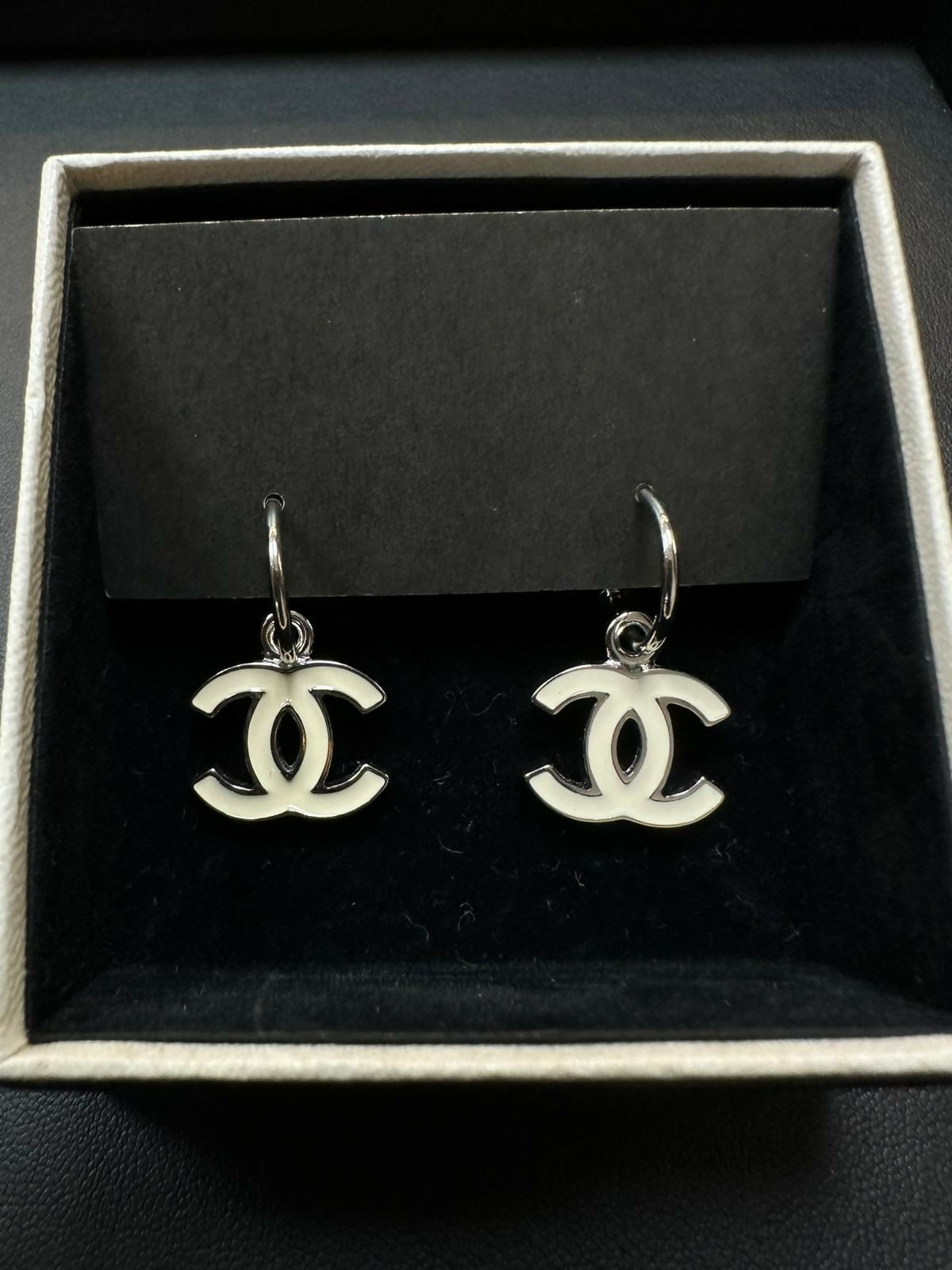 Chanel Vintage 2002 Enamel White CC Hoop Stud Earrings