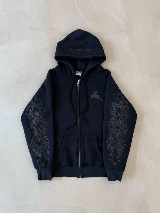 Chrome Hearts Multi-Element Foti Floral Print Waffle-Lined Zip-Up Sweatshirt Jacket