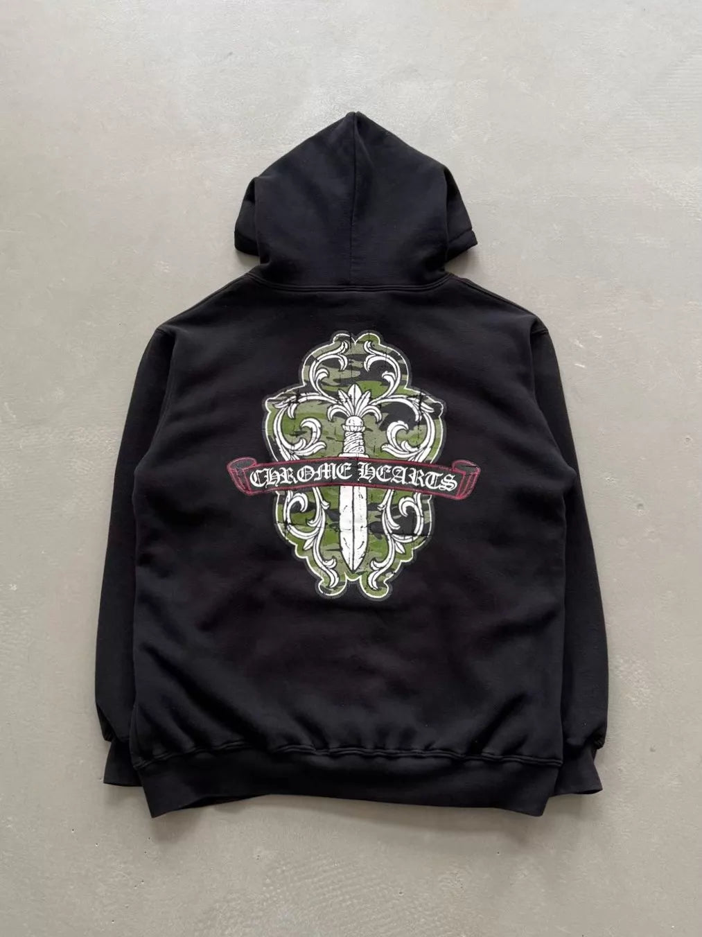 Chrome Hearts Camouflage Sword Scroll Print Waffle-Lined Zip-Up Hoodie