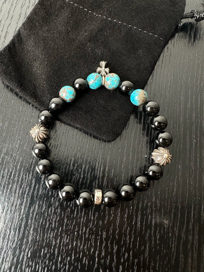 Chrome Hearts Sterling Silver Obsidian Cross Bracelet